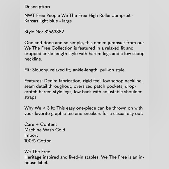 We The Free Blue Denim “High Roller” Jumpsuit/Overalls. Medium NWOT. - Picture 6 of 13